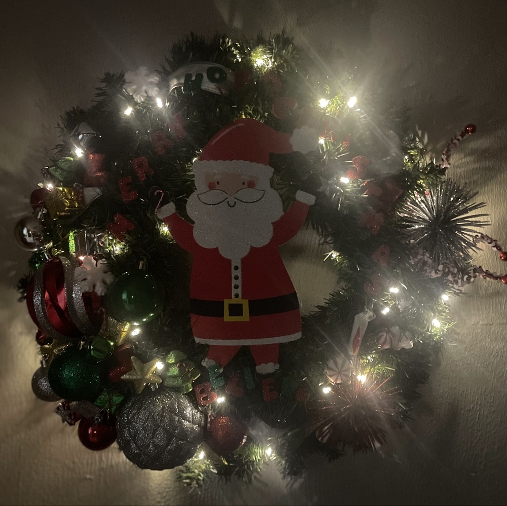 Festive Santa Christmas Wreath with Lights
